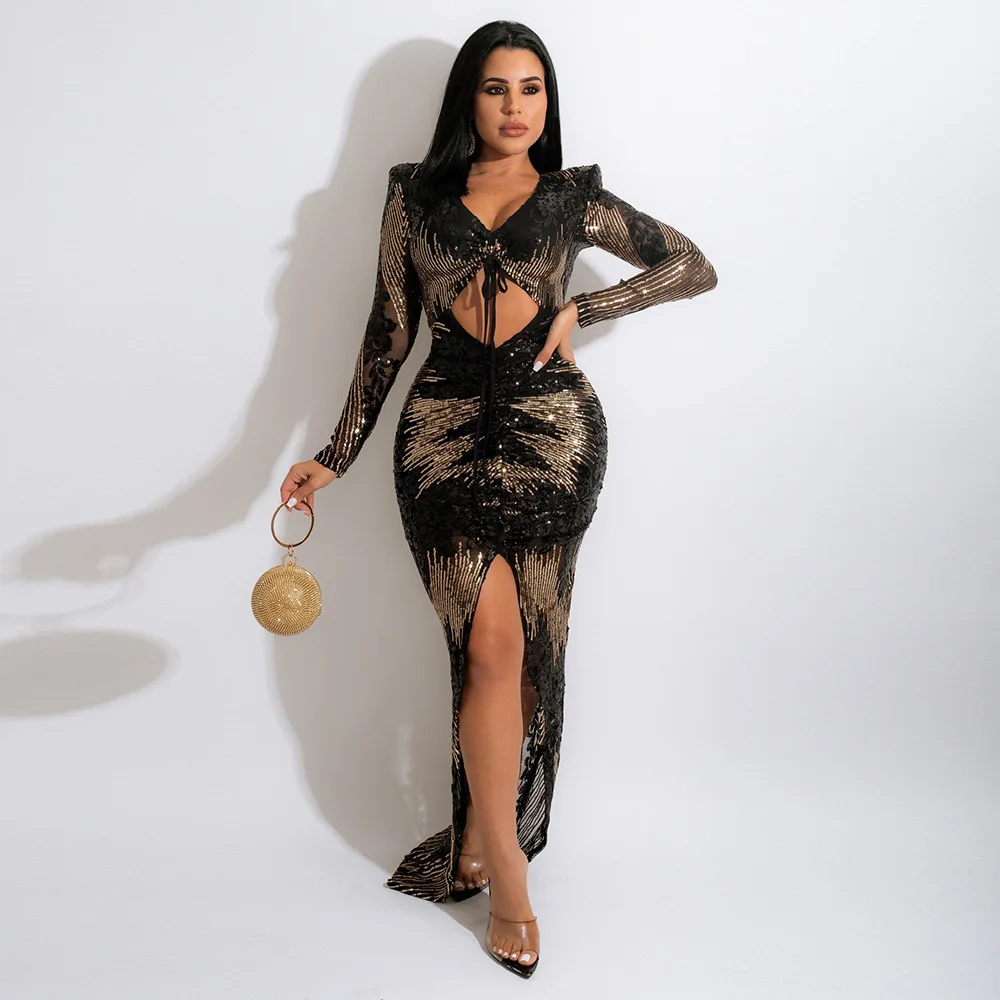 

Hollow Smocked Hip Slit Long Sleeve Shoulder Cotton Sequin Dress Evening Party Sexy Kim Kardashian Style Spring Summer 2022 New