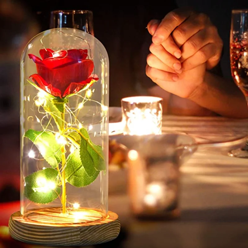 

Светодиодная зачарованная роза на День святого Валентина, галактика, 24 карата, цветок из золотой фольги со сказочной гирляндой в куполе для ...