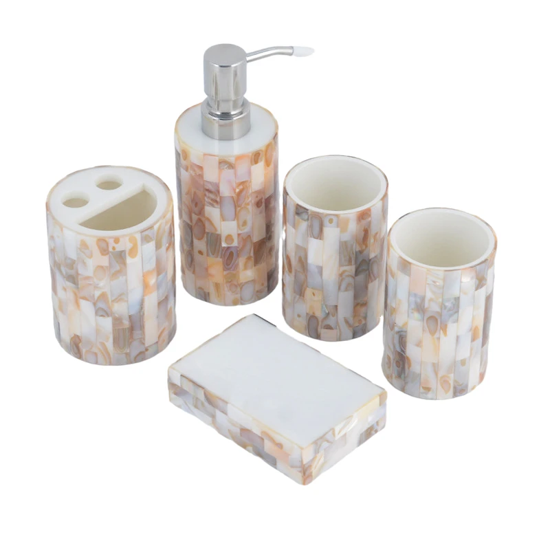 New design ECO-friendly Natural shell high-end hotel bathroom set resin 5-piece bathroom set light luxury bathroom set
New design ECO-friendly Natural shell high-end hotel bathroom set resin 5-piece bathroom set light luxury bathroom set