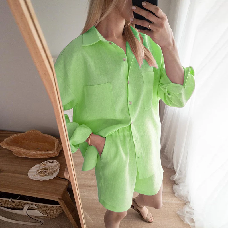 2022 long sleeve solid color shirt elastic waist shorts linen two piece set FD940
2022 long sleeve solid color shirt elastic waist shorts linen two piece set FD940