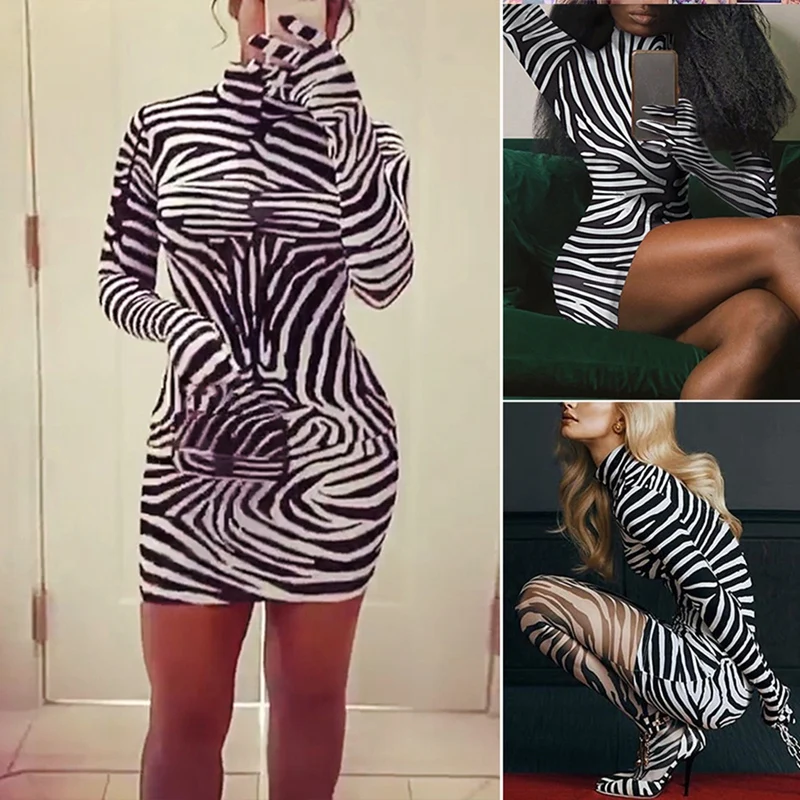 Zebra Print Women Mini Dress Long Sleeve With Gloves Turtleneck Bodycon Sexy Streetwear Autumn Winter Slim Club 
Zebra Print Women Mini Dress Long Sleeve With Gloves Turtleneck Bodycon Sexy Streetwear Autumn Winter Slim Club