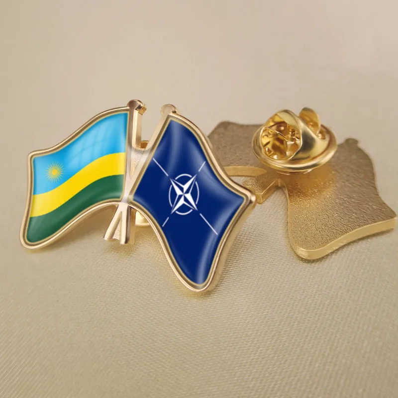 

Rwanda and NATO North Atlantic Treaty Organization Crossed Double Friendship Flags Lapel Pins Brooch Badges