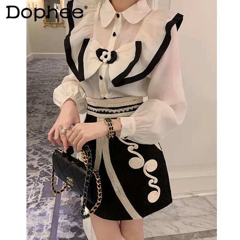2023 Spring New Contrast Color Bow French Shirt Blouse Women High Waist A- Line Mini Skirt Outfits Female Fashion Two-Piece Sets
2023 Spring New Contrast Color Bow French Shirt Blouse Women High Waist A- Line Mini Skirt Outfits Female Fashion Two-Piece Sets