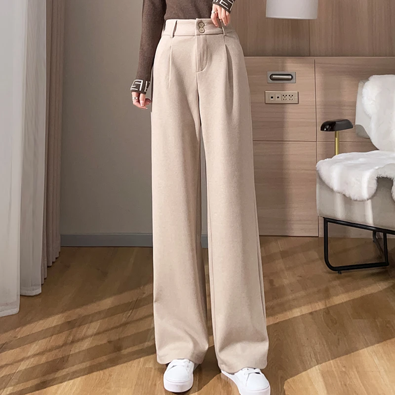 

Осенние шерстяные брюки с широкими штанинами женская одежда Зимние эластичные брюки с высокой талией женские винтажные плотные флисовые прямые брюки 24180