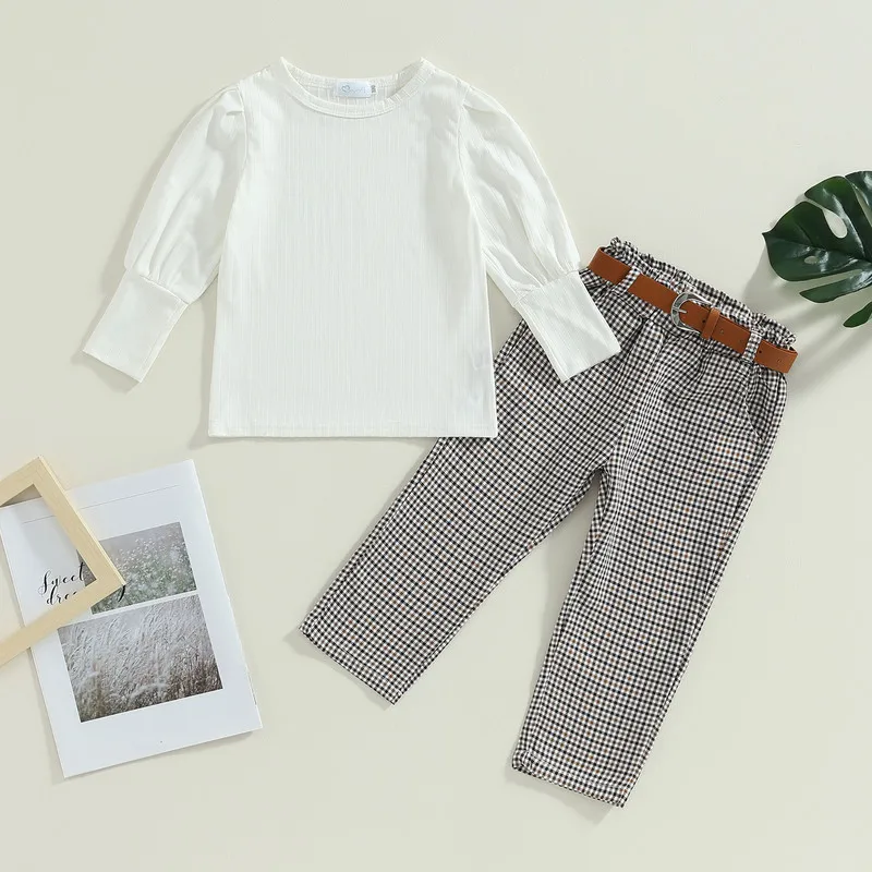 Kids Girl Pant Sets Autumn Clothes Outfits Solid Color Rib Knit Long Sleeve Tops and Plaid Long Pants Waistbelt 3Pcs Set
Kids Girl Pant Sets Autumn Clothes Outfits Solid Color Rib Knit Long Sleeve Tops and Plaid Long Pants Waistbelt 3Pcs Set