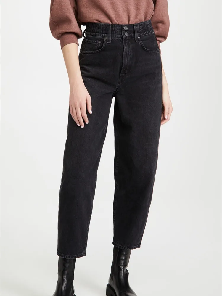 Женские зауженные джинсы, винтажные хлопковые повседневные брюки до щиколотки с эластичным поясом, два цвета, новинка 2022 
Женские зауженные джинсы, винтажные хлопковые повседневные брюки до щиколотки с эластичным поясом, два цвета, новинка 2022