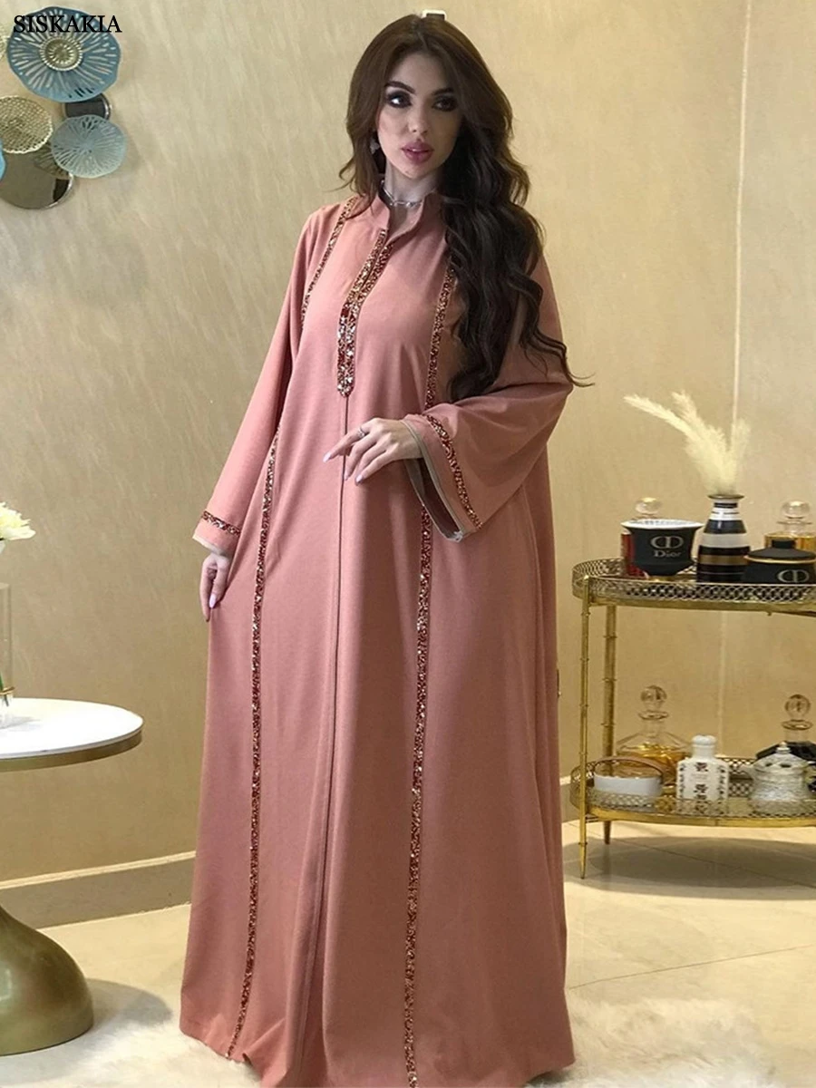 Siskakia Abaya Women Dubai Elegant Chic Solid Diamonds Patchwork Full Sleeve Stand Collar Loose Long Dress For Muslim Female
Siskakia Abaya Women Dubai Elegant Chic Solid Diamonds Patchwork Full Sleeve Stand Collar Loose Long Dress For Muslim Female