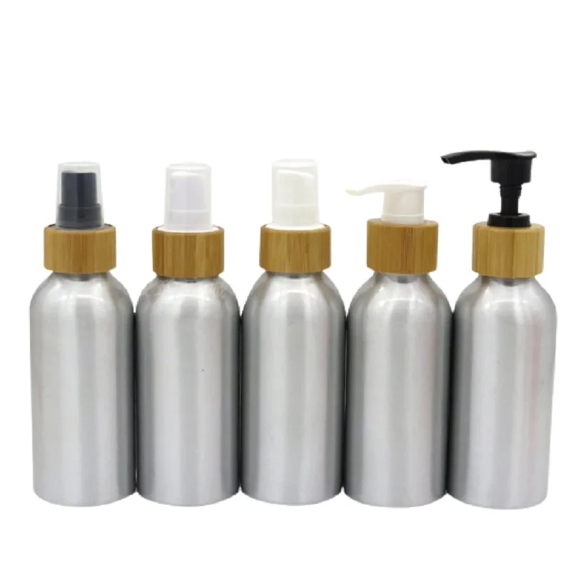 

Aluminum Bottle Refillable 4oz 120ml Cosmetic Packaging Bamboo Wood PP Spray Lotion Pump Empty Tin Metal Shampoo Bottles 20pcs