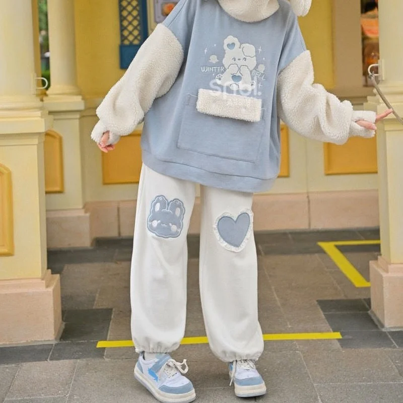 MINGLIUSILI Kawaii широкие брюки осенняя одежда для женщин японский кролик вышивка мода