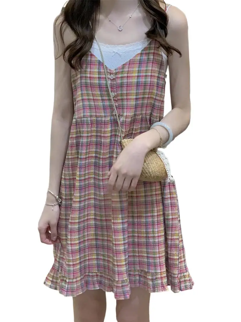 Summer Cotton New Feminine Vintage Plaid Suspended Skirts V-Neck Hanging Neck Strap Sleeveless Lovely Hem Ruffles Edge Vestidos
Summer Cotton New Feminine Vintage Plaid Suspended Skirts V-Neck Hanging Neck Strap Sleeveless Lovely Hem Ruffles Edge Vestidos