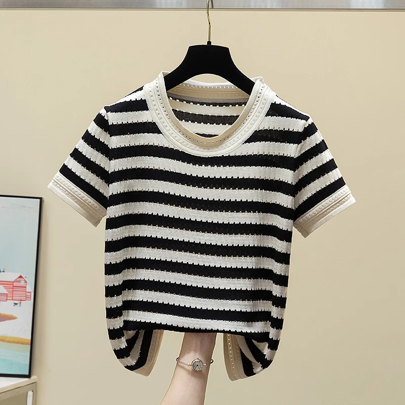 Summer Striped Thin Knit Sweater T Shirt Women 2022 Casual Fashion Loose Ladies Tees Pullover Short Sleeve Round Neck Tops Mujer
Summer Striped Thin Knit Sweater T Shirt Women 2022 Casual Fashion Loose Ladies Tees Pullover Short Sleeve Round Neck Tops Mujer