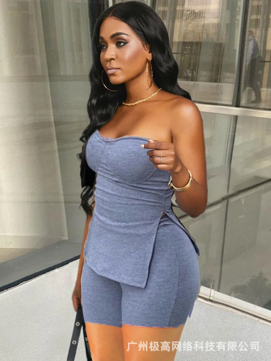 Women Two-piece Fashion Casual Spring And Summer Tube Top Sleeveless Split Slim High Waist Mini Tight Shorts Blue Casual Suit
Women Two-piece Fashion Casual Spring And Summer Tube Top Sleeveless Split Slim High Waist Mini Tight Shorts Blue Casual Suit