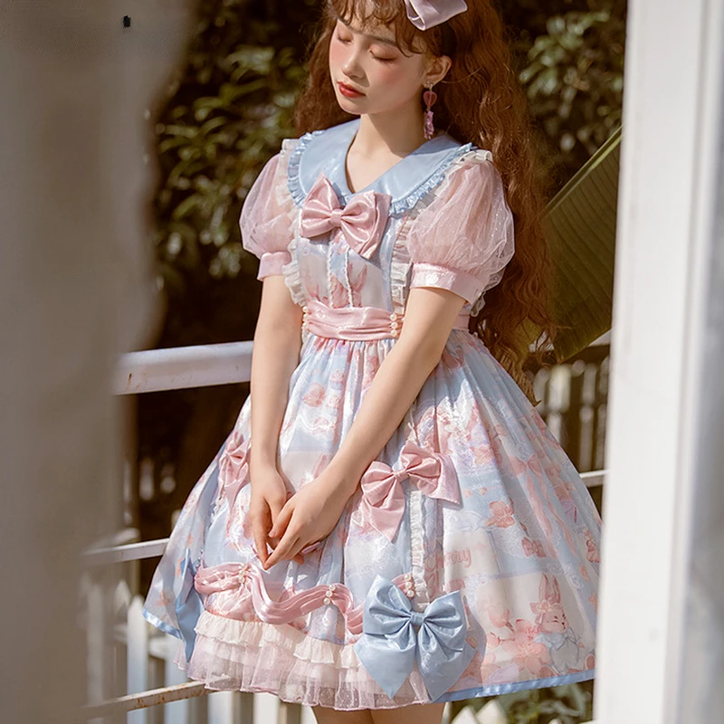 

Sweet Lolita Princess OP Dress Women Vintage Kawaii Bunny Candy Print Lace Bow Pearls Party Dresses Girly Cute Fairy Dresses