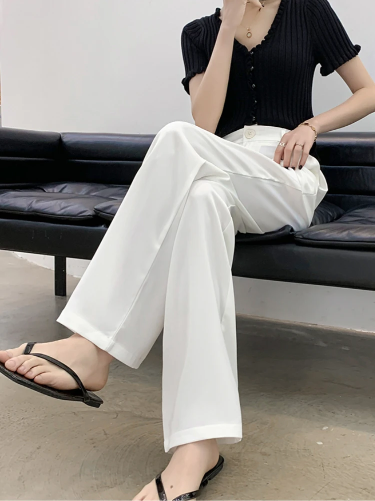 

Летние женские прямые брюки оверсайз Свободные повседневные с высокой талией офисные белые шелковые атласные широкие брюки для женщин