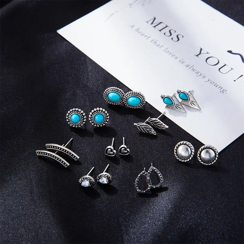 9 Pairs of Vintage Turquoise Stud Earrings Love Feathers Bohemian Jewelry Earrings for Women
9 Pairs of Vintage Turquoise Stud Earrings Love Feathers Bohemian Jewelry Earrings for Women