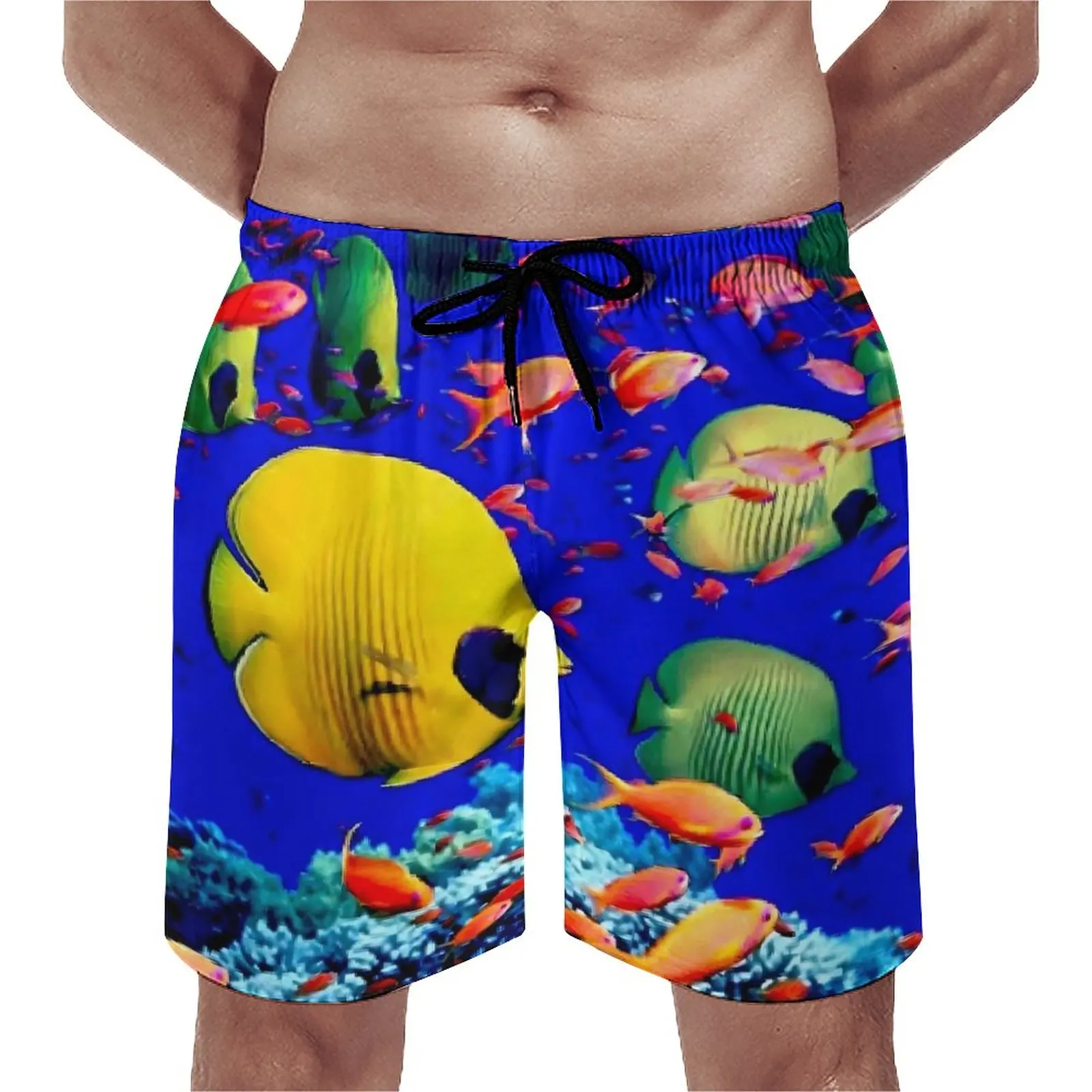 

Пляжные шорты мужские с тропическим принтом, винтажные плавки, быстросохнущие спортивные, с цветной рыбой, пляжные шорты, большие размеры