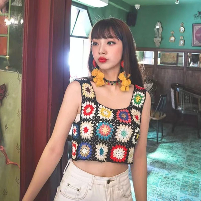 Women Beach Sleeveless Crop Tank Top Handmade Hollow Out Crochet Knitted Mini Vest Boho Colorful Plaid Floral Shirts топ женский 
Women Beach Sleeveless Crop Tank Top Handmade Hollow Out Crochet Knitted Mini Vest Boho Colorful Plaid Floral Shirts топ женский