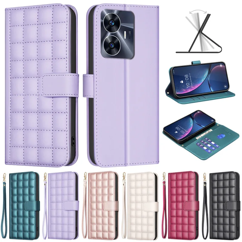 Кожаный чехол для Realme C55 шоколадный блочный бумажник держатель телефона Funda Oppo C 55