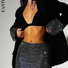 Fantoye Glitter Diamond Shiny Women Blazer Set Double Layer Blazer Fishnet Skirt Female Two Piece Set Fashion Club Night Outfits