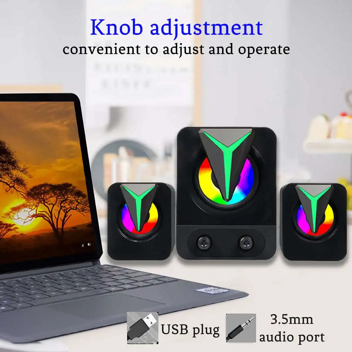 K-25-2.1 3-IN-1 Set LED USB Wired Computer Combination Stereo Speakers Bass Subwoofer RGB Gaming Computer Speakers Knob Adjustme
K-25-2.1 3-IN-1 Set LED USB Wired Computer Combination Stereo Speakers Bass Subwoofer RGB Gaming Computer Speakers Knob Adjustme