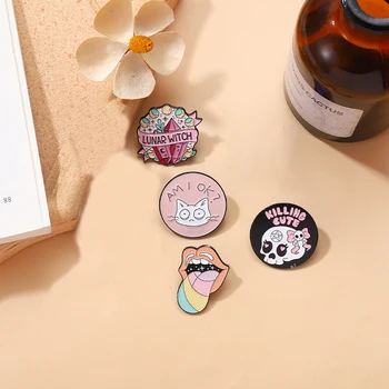 Am I Ok? Long Live Feminism ! Enamel Pins Killing Cute Pink Bear Skull Badges On Denim Punk Clothes Lapel Brooches Jewelry Gifts