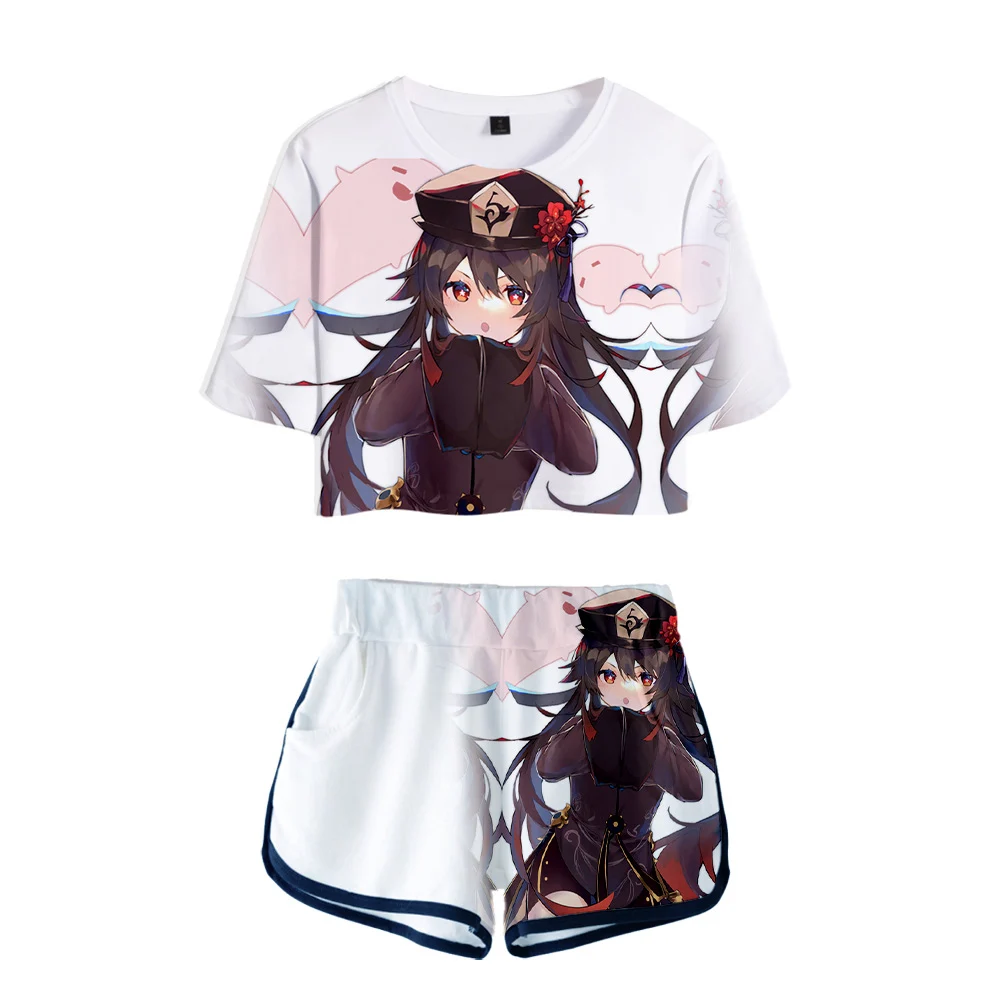 

Хит продаж, высококачественные крутые сексуальные шорты Genshin Impact с 3D принтом и короткими рукавами + Красивые футболки, красивые костюмы для девочек с принтом в виде росиного пупка, комплект из двух предметов