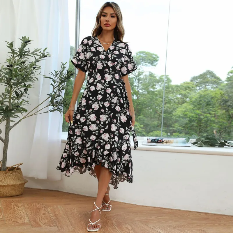 Floral Short Sleeve Ruffles Chiffon Dress Women V-Neck Mid-Waist Knee-Length Irregular Dresses Elegant Casual Commute Clothing
Floral Short Sleeve Ruffles Chiffon Dress Women V-Neck Mid-Waist Knee-Length Irregular Dresses Elegant Casual Commute Clothing