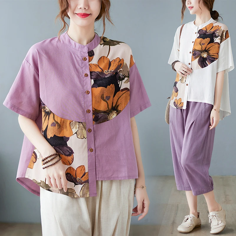 Asymmetric Printed Cotton Linen Shirt Women's Summer Dress Loose Fashion Stand Collar Short Sleeve Shirt
Asymmetric Printed Cotton Linen Shirt Women's Summer Dress Loose Fashion Stand Collar Short Sleeve Shirt