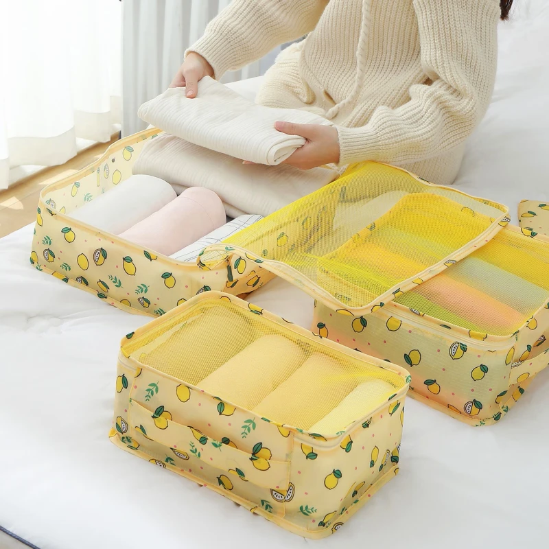

Дорожная сумка для хранения 7 шт., водонепроницаемый вместительный комплект для сортировки вещей и хранения одежды, с лимонным узором
