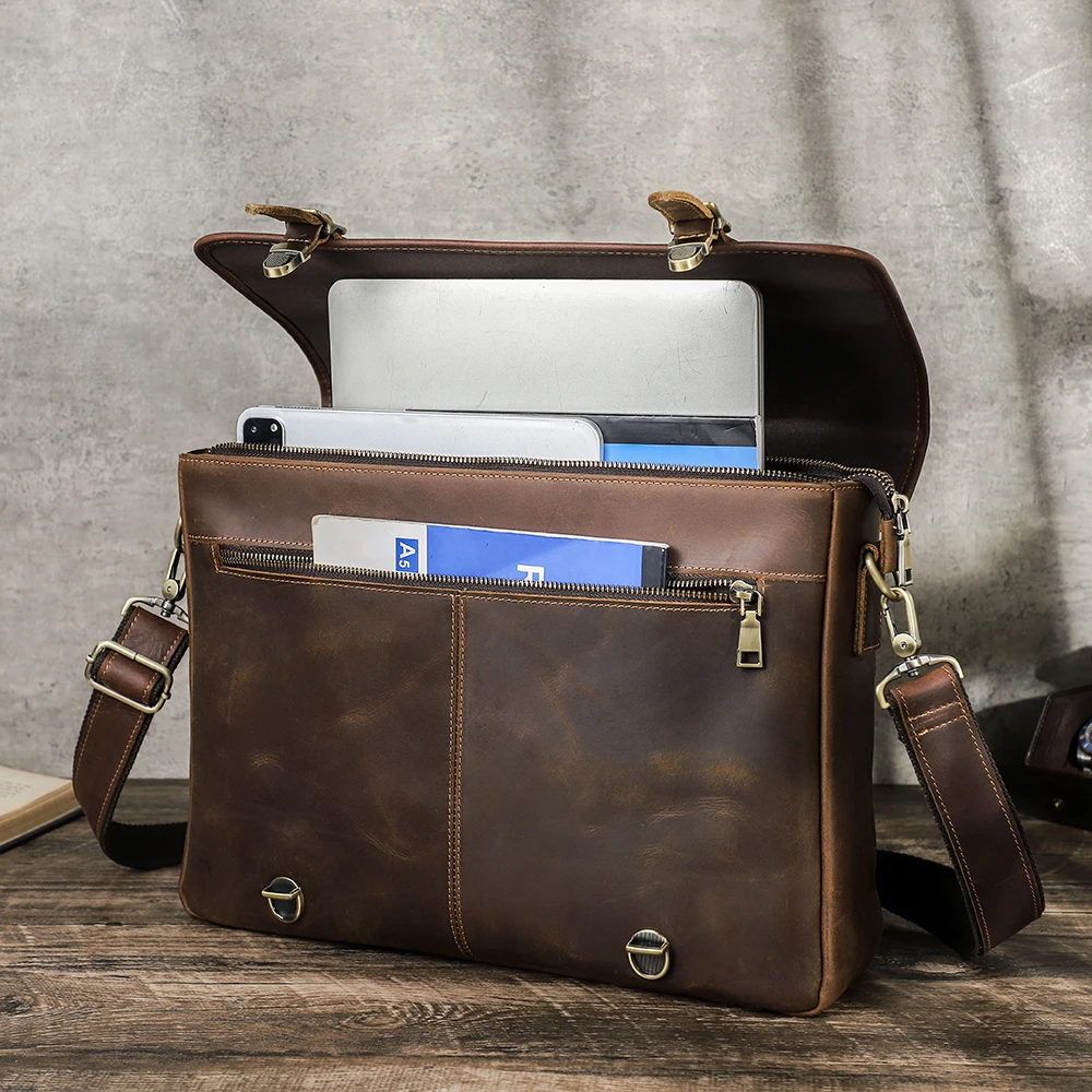 

Vintage Genuine Crazy Horse Leather Briefcase Crossbody Messenger Bag for Men 14" Laptop Business Tote Bag Luxury Design Handbag