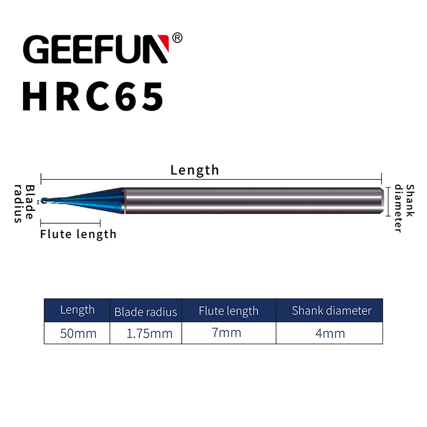 GEEFUN R1.75mm / Length 50mm Ball Nose End Mill HRC65 Tungsten Carbide Ball Nose End Mills 2 Flute with Blue Naco Coated
GEEFUN R1.75mm / Length 50mm Ball Nose End Mill HRC65 Tungsten Carbide Ball Nose End Mills 2 Flute with Blue Naco Coated