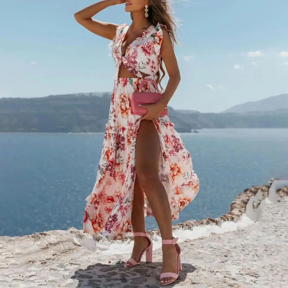 Female Dress V-neck Maxi Dress Ladies Summer Flower Print Ruffle Trim Dress
Female Dress V-neck Maxi Dress Ladies Summer Flower Print Ruffle Trim Dress