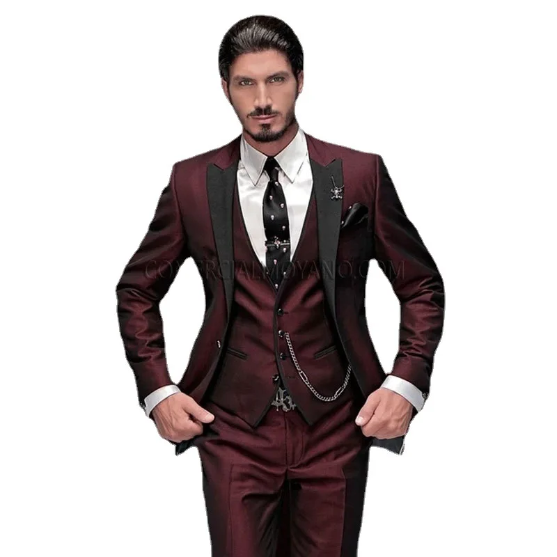 Мужской облегающий костюм из 3 предметов, бордовый смокинг, мягкие мужские свадебные костюмы, с вырезом на лацкане, искусственная кожа (пидж...