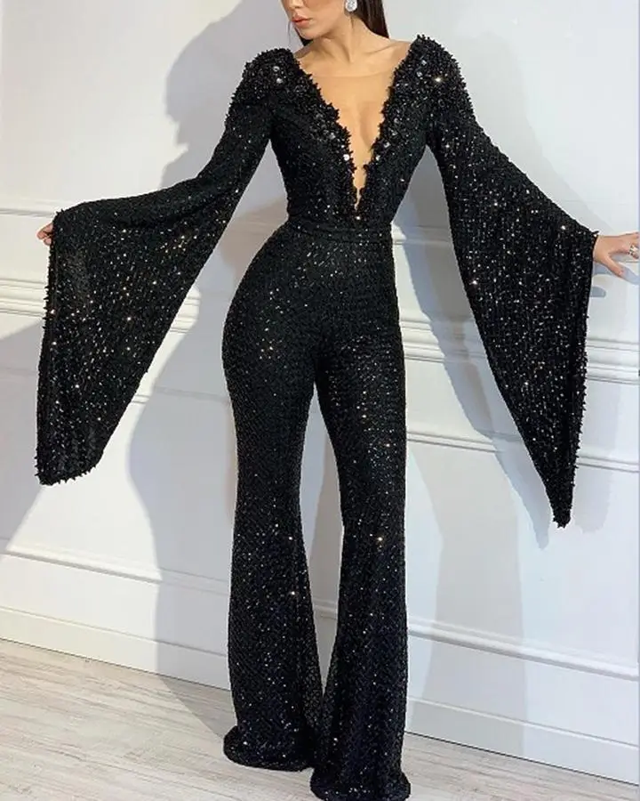 Lugentolo Sexy Black Jumpsuit Women V-neck Dolman Sleeves Sequin Stitching High Waist Party Jumpsuits
Lugentolo Sexy Black Jumpsuit Women V-neck Dolman Sleeves Sequin Stitching High Waist Party Jumpsuits