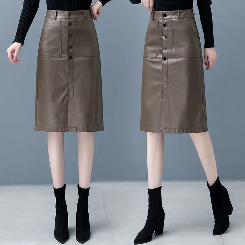 Women PU Leather Bodycon Skirts 2023 Spring Autumn High Waist Streetwear Button Straight Skirt Pocket Knee-Length Skirt X4
Women PU Leather Bodycon Skirts 2023 Spring Autumn High Waist Streetwear Button Straight Skirt Pocket Knee-Length Skirt X4