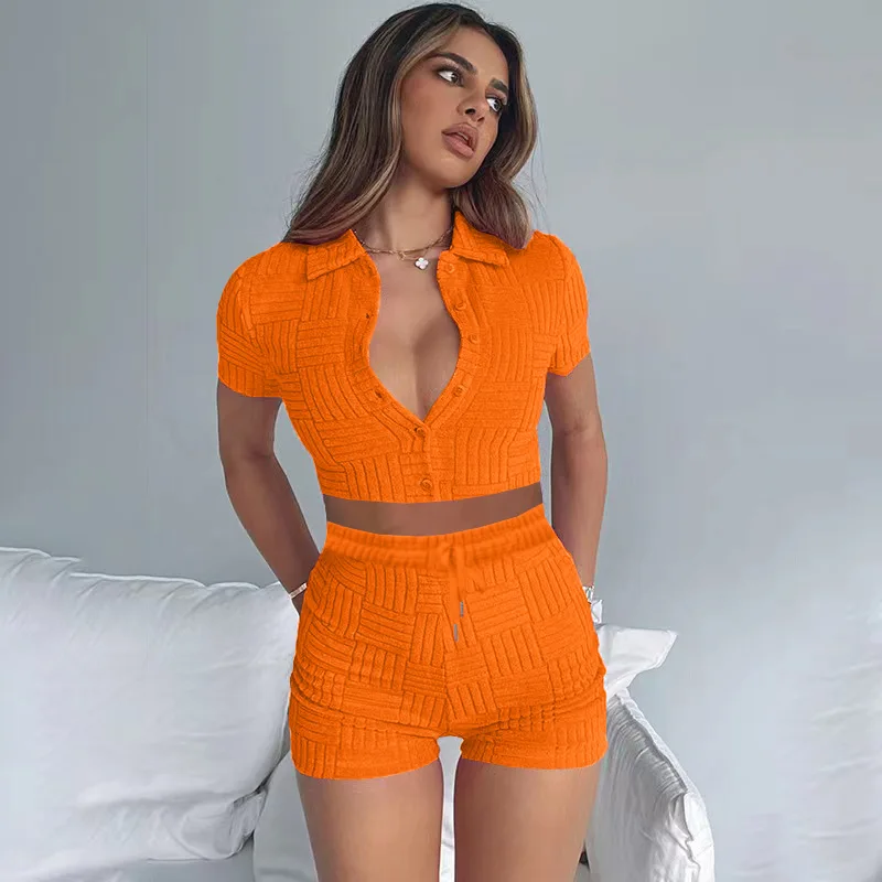 Women Sexy Button Shirt Crop Top + Shorts Two Piece Set Women Sport Outwear Oufits Casual Lounge Wear Towel Jacquard Teacksuit 
Women Sexy Button Shirt Crop Top + Shorts Two Piece Set Women Sport Outwear Oufits Casual Lounge Wear Towel Jacquard Teacksuit