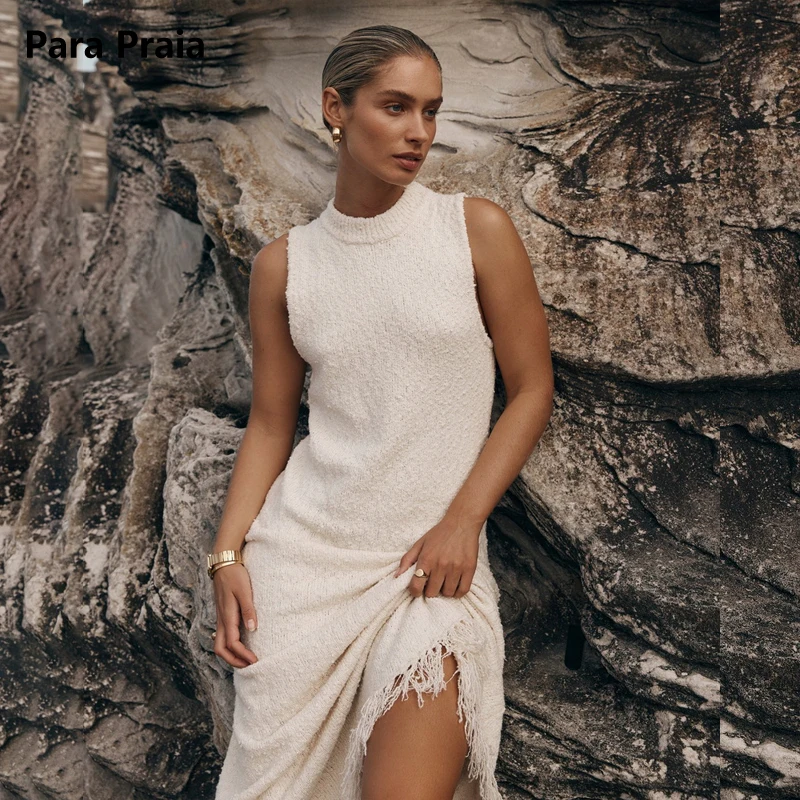 Sexy Tassel Sleeveless Knitted Maxi Dress Women Chic Turtleneck Summer Beach Vacation White Dresses Slim Bodycon Robe Sreetwear
Sexy Tassel Sleeveless Knitted Maxi Dress Women Chic Turtleneck Summer Beach Vacation White Dresses Slim Bodycon Robe Sreetwear