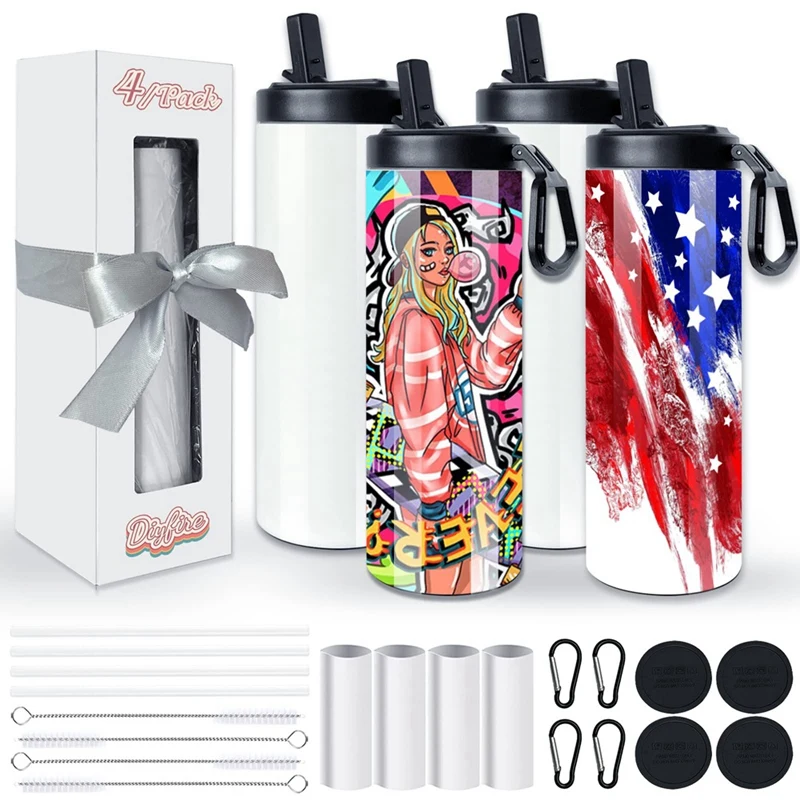 

1Set 20 OZ Skinny Sports Straight Kids Water Bottle Travel Mug White With Sippy Up Lid, For Tumbler Heat Press