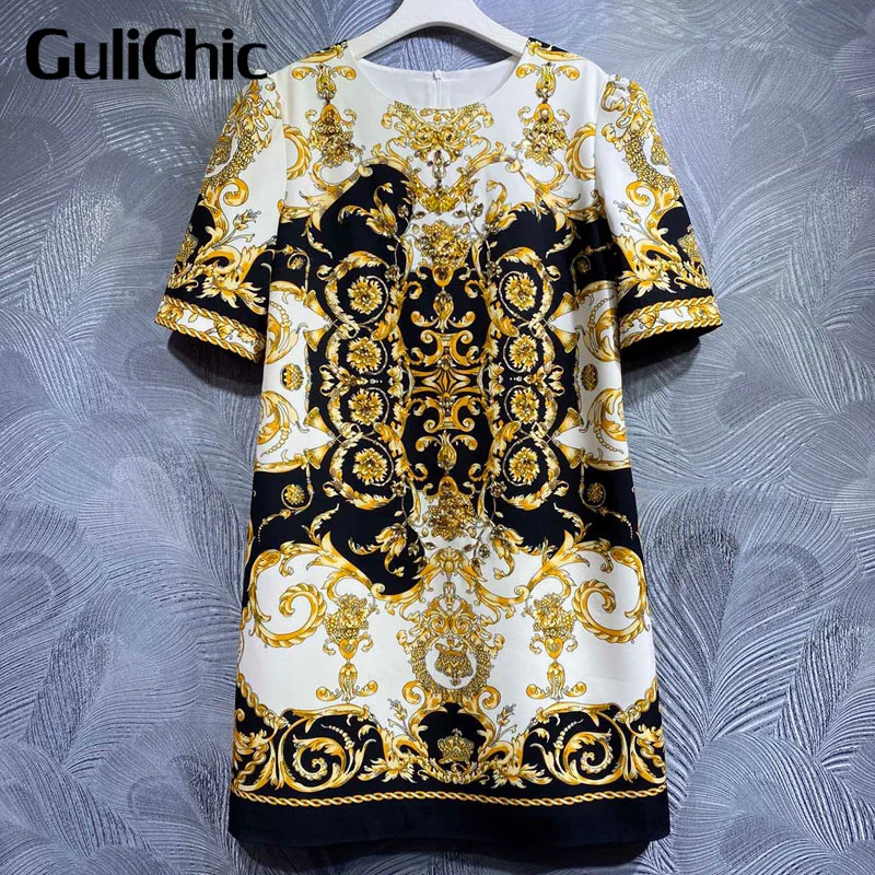 

6,30 GuliChic высокое качество великолепное украшение с кристаллами и бусинами винтажный принт с круглым воротником темпераментное платье для женщин