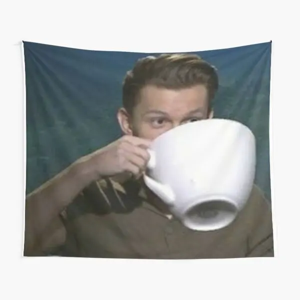 

Tom Holland Drinking From Giant Teacup Tapestry Printed Bedroom Living Decor Bedspread Mat Wall Blanket Yoga Hanging Decoration