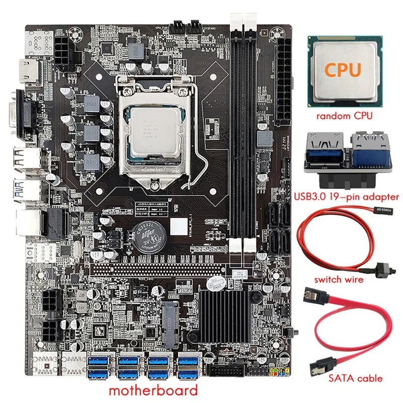 B75 8 Card Mining Motherboard+CPU+USB3.0 19-Pin Adapter+SATA/Switch Cable 8 USB3.0 (PCIE) GPU Slot LGA1155 DDR3 SATA3.0
B75 8 Card Mining Motherboard+CPU+USB3.0 19-Pin Adapter+SATA/Switch Cable 8 USB3.0 (PCIE) GPU Slot LGA1155 DDR3 SATA3.0