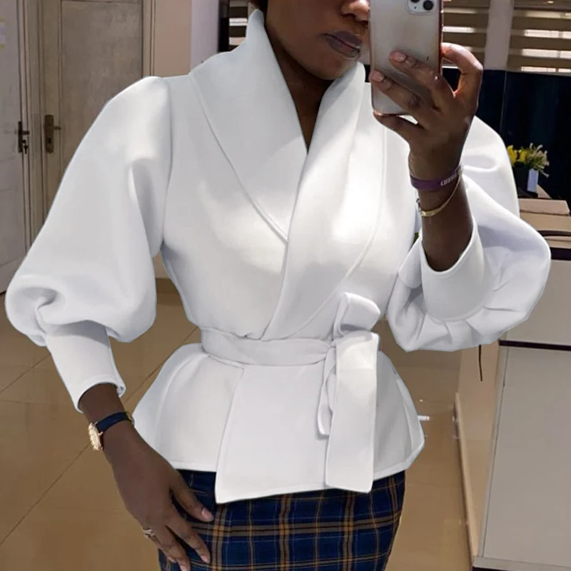 Блузка женская с V-образным вырезом, Элегантная Модная рубашка с рукавами-фонариками и поясом, офисная одежда для работы, лето-осень 
Блузка женская с V-образным вырезом, Элегантная Модная рубашка с рукавами-фонариками и поясом, офисная одежда для работы, лето-осень