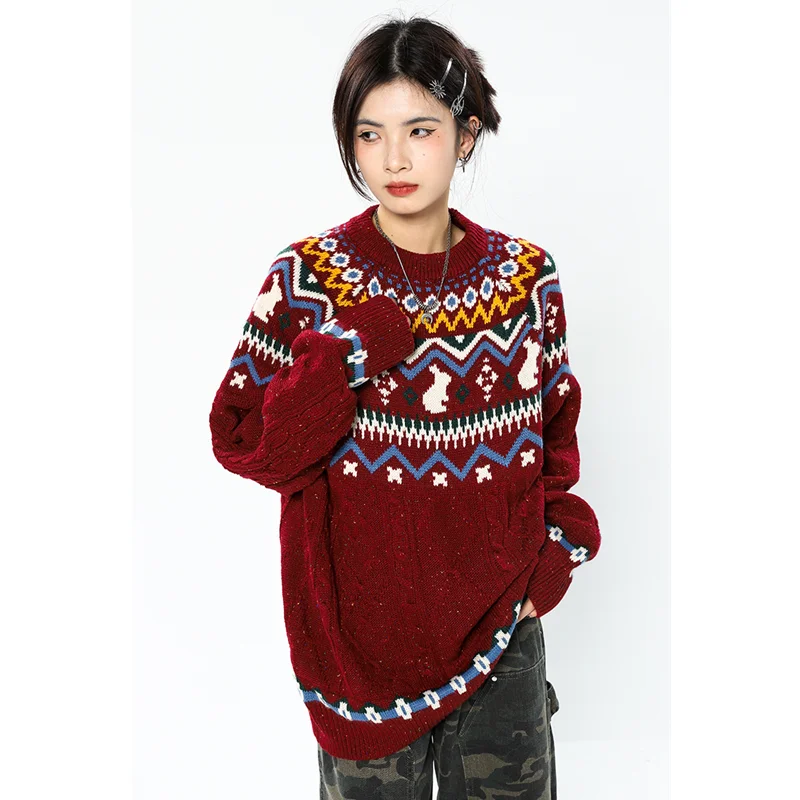 Women Red Sweater Round Neck Christmas Leisure Lazy Wind Loose Winter Fashion Vintage New Female Thicken Warm Knitting Pullover
Women Red Sweater Round Neck Christmas Leisure Lazy Wind Loose Winter Fashion Vintage New Female Thicken Warm Knitting Pullover