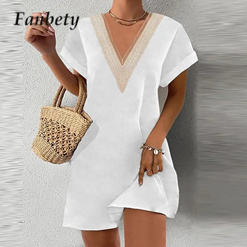 Bohemia Casual Ladies Beach Vacation Mini Dress Fashion V Neck Short Sleeve Loose Dress 2023 Summer Lace Patchwork Women's Dress
Bohemia Casual Ladies Beach Vacation Mini Dress Fashion V Neck Short Sleeve Loose Dress 2023 Summer Lace Patchwork Women's Dress