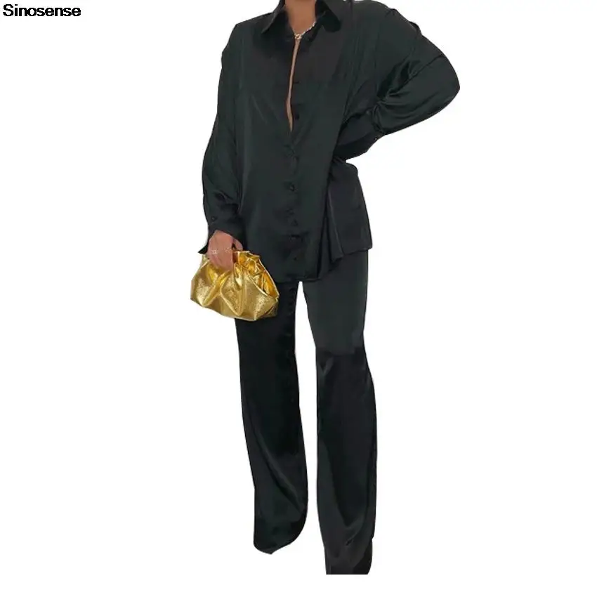 Women Work Office Satin Two Pieces Sets Causal Loose Home Suit Solid Black Long Sleeve Shirt+Wide Leg Pants Set Elegant Outfits
Women Work Office Satin Two Pieces Sets Causal Loose Home Suit Solid Black Long Sleeve Shirt+Wide Leg Pants Set Elegant Outfits