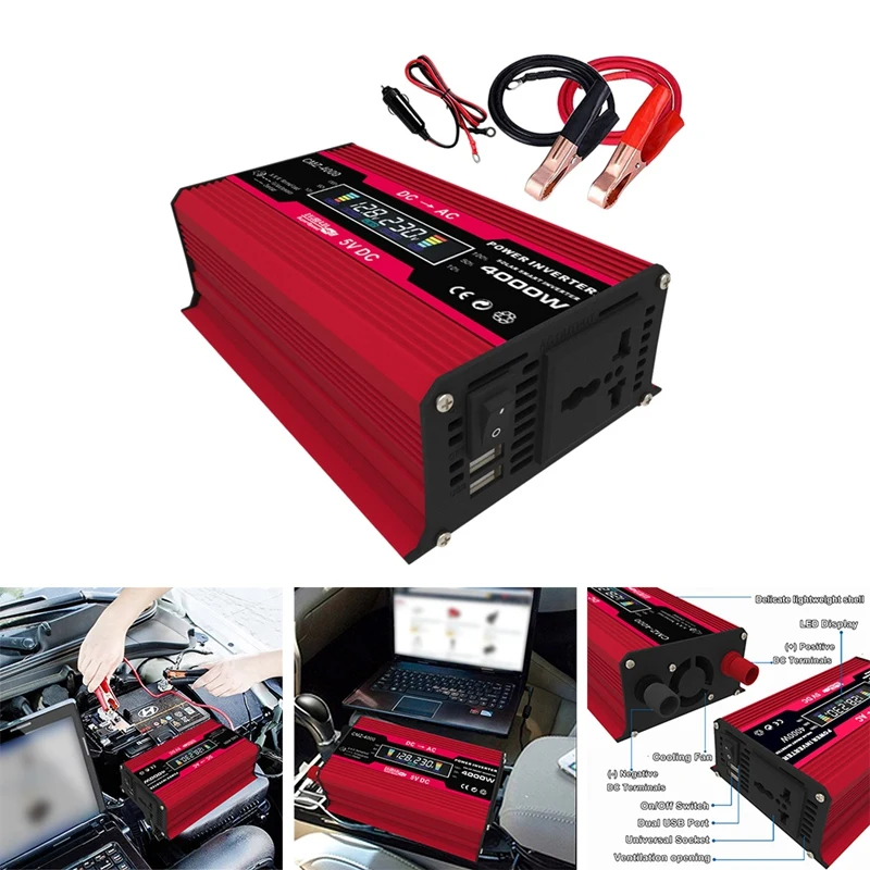4000W Peak Solar Car Power Inverter DC 12V Car Adapter Converter With LCD Intelligent Display AC Outlets Red
4000W Peak Solar Car Power Inverter DC 12V Car Adapter Converter With LCD Intelligent Display AC Outlets Red