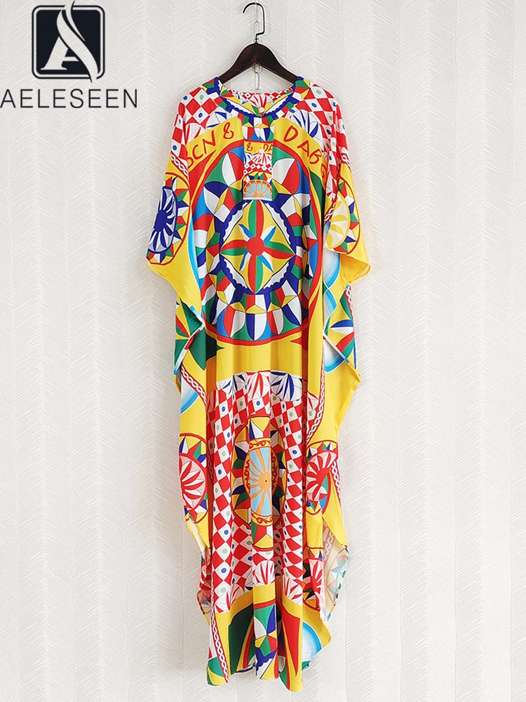 

AELESEEN Sicilian Women Autumn Dress Design Fashion Batwing Colorful Plaid Flower Print Loose Long Robe Party Holiday