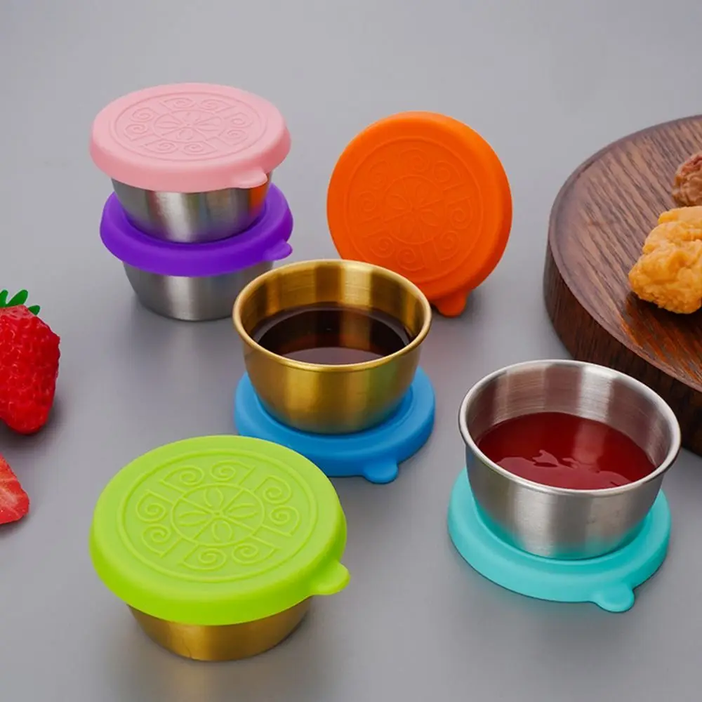 

Leakproof Salad Dressing Container Reusable Silicone Lids Dipping Sauce Cups Easy Open Round Stainless Steel Sauce Containers