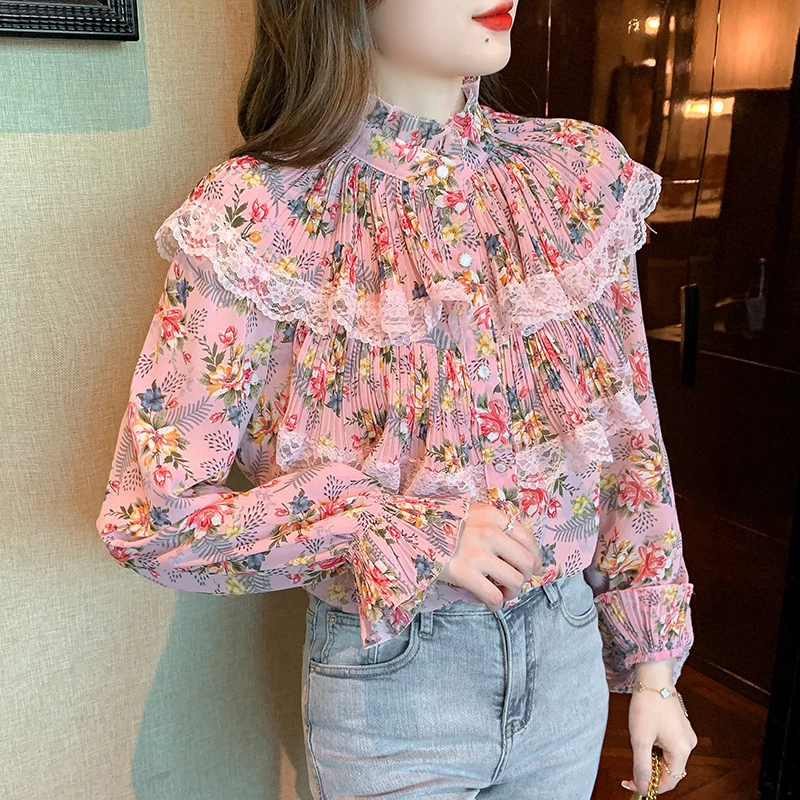Floral Pleated Ruffled Chiffon Shirt Women Spring 2022 New Fashion Fungus Edge Stand Collar Lace Long Sleeve Top
Floral Pleated Ruffled Chiffon Shirt Women Spring 2022 New Fashion Fungus Edge Stand Collar Lace Long Sleeve Top