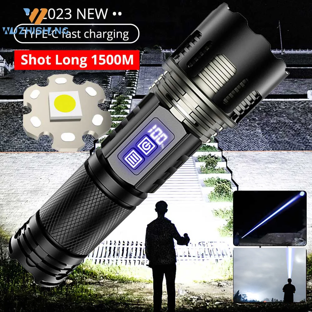 

1500LM LED Powerful 2IN1 Camping Flashlight TYPE-C Rechargeable Flash Light 5200MAh LED Flashlights Zoom Lantern Long Shot Torch